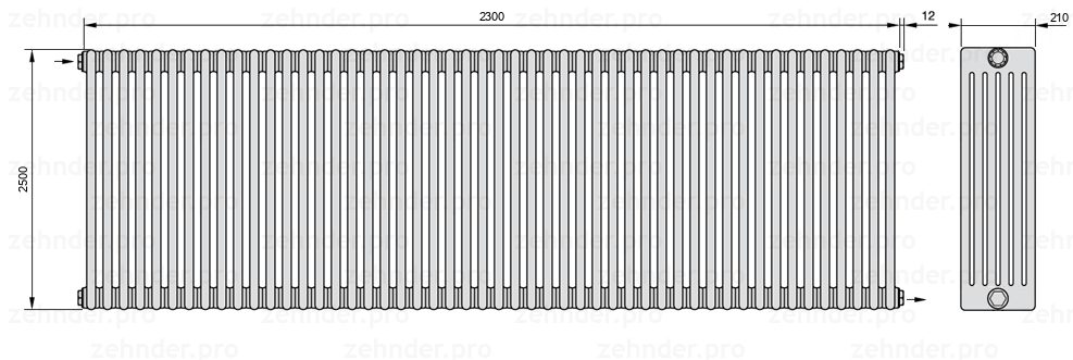 Схема (чертеж) Радиатор Zehnder Charleston 6250/50 №1670 Белый глянцевый RAL 9016